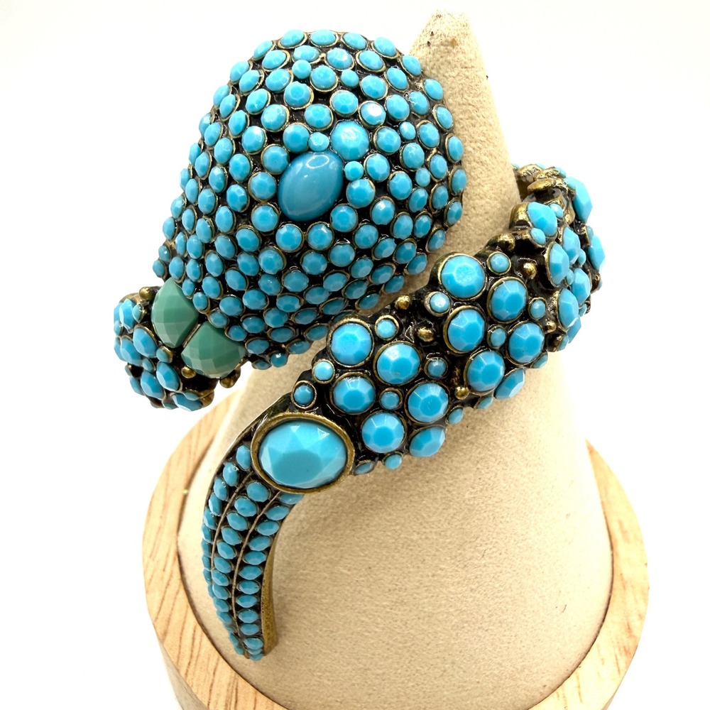 Vintage CN Bangle Bracelet Turquoise Blue Cabochon Bypass Hinge Statement Boho